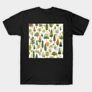 Pastel Oasis: A Serene Seamless Pattern of Trees and Plants in Soft Hues T-Shirt